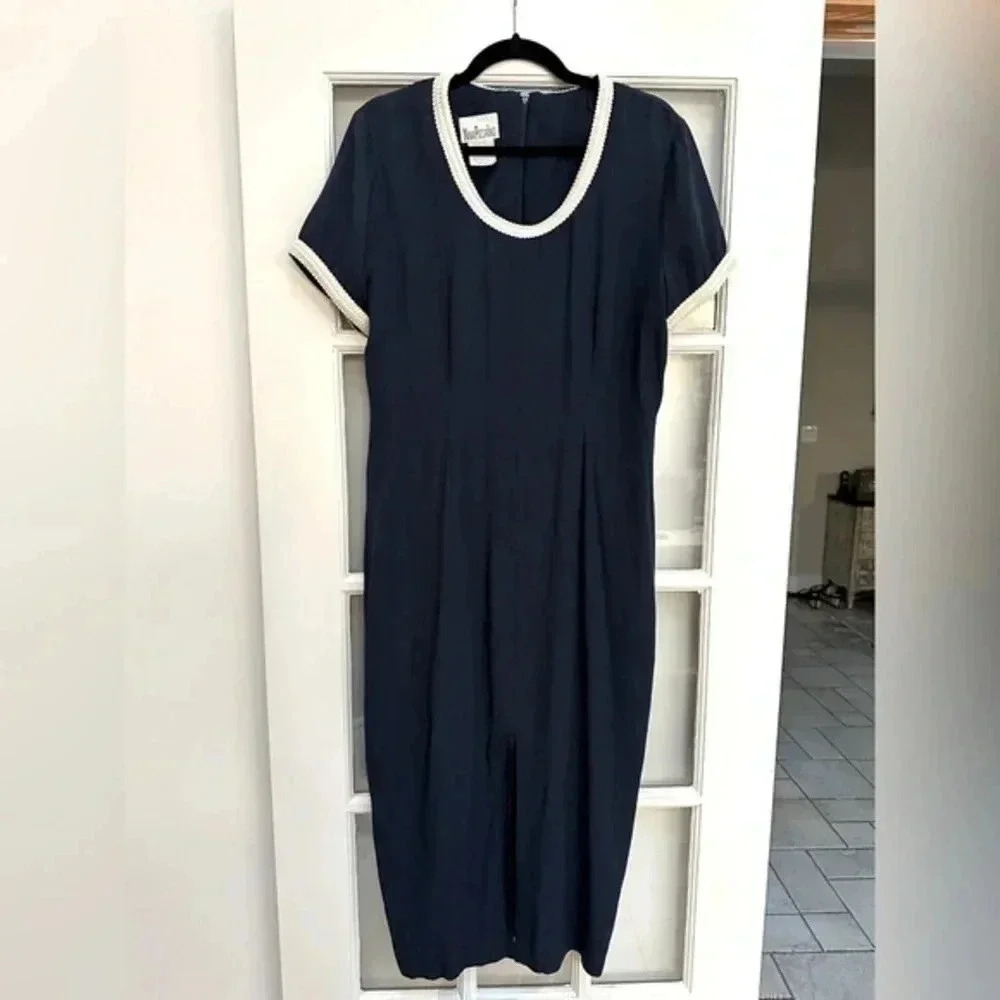 Vintage Nina Piccalino Navy Midi Dress Cream Rope Piping Front Slit Size 12